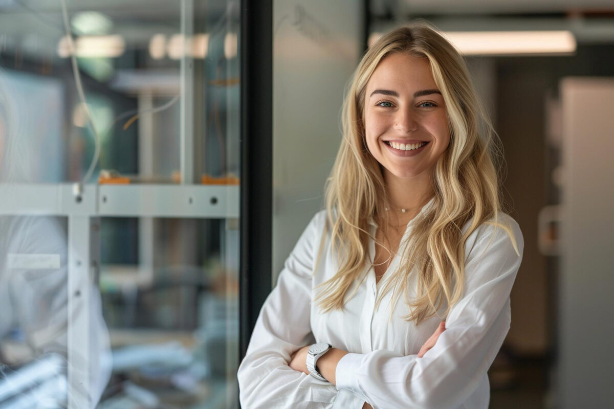 A woman standing with arms crossed and smiling in a modern office setting
