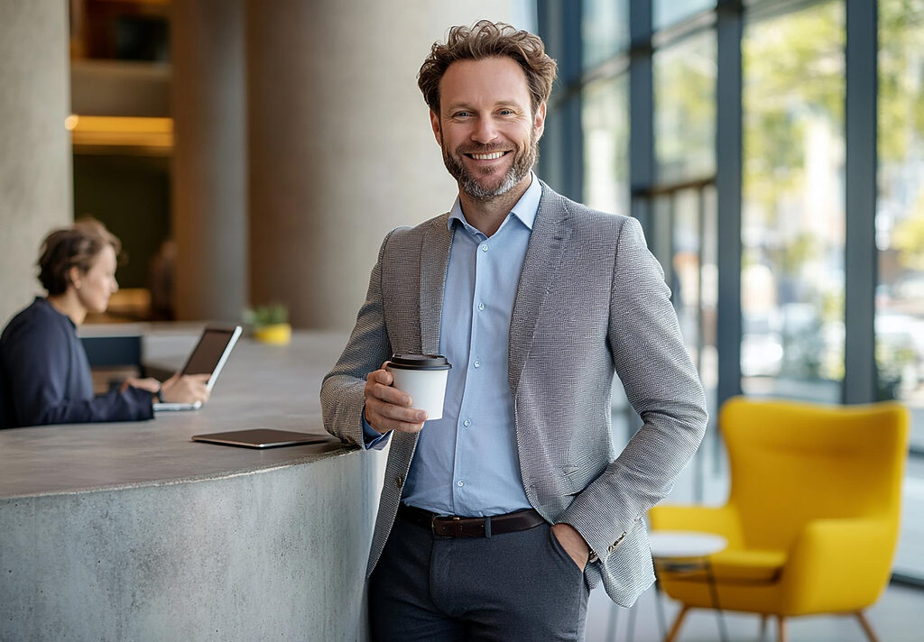 A smiling man in a blazer holding a coffee cup in a modern office