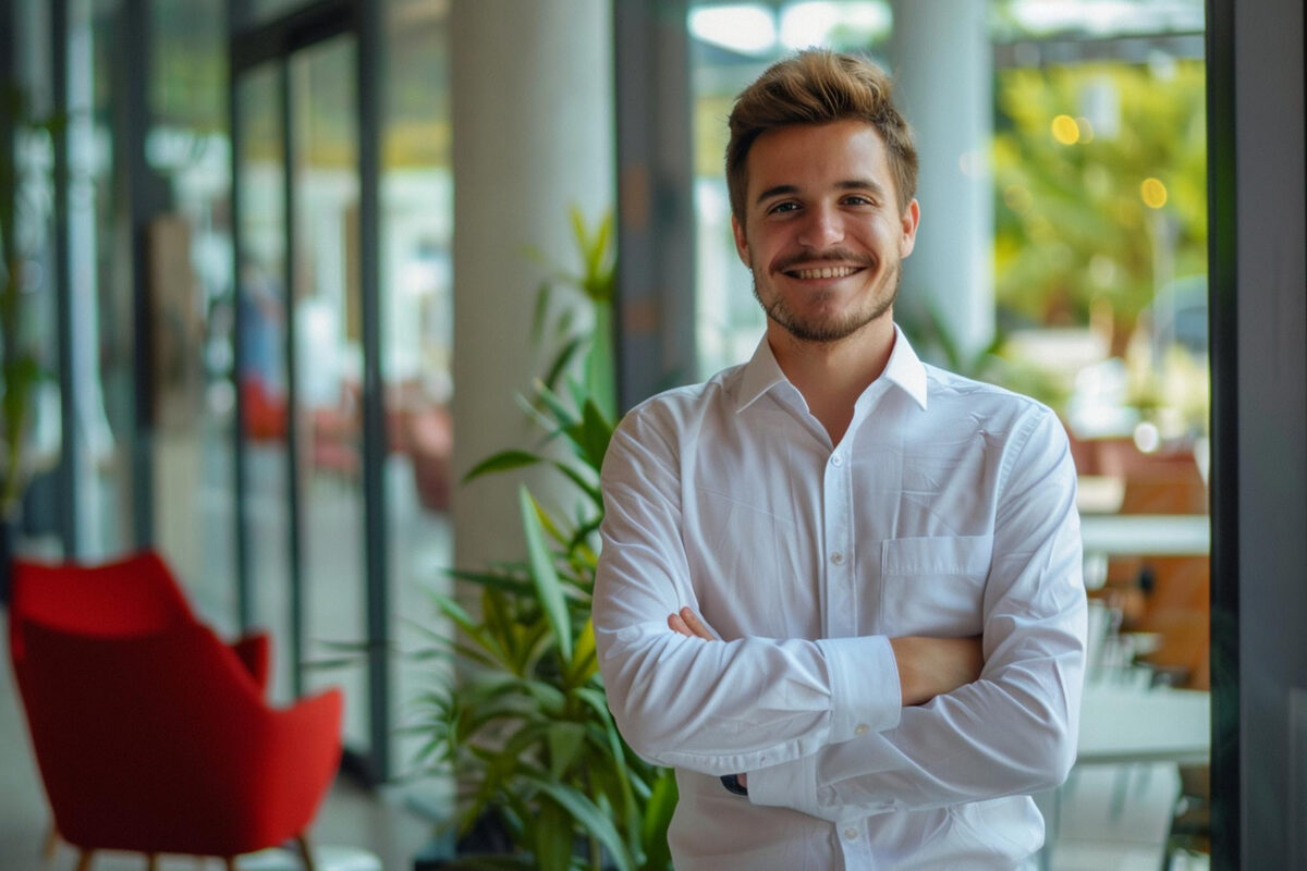 A man standing with arms crossed and smiling in a hotel lobby