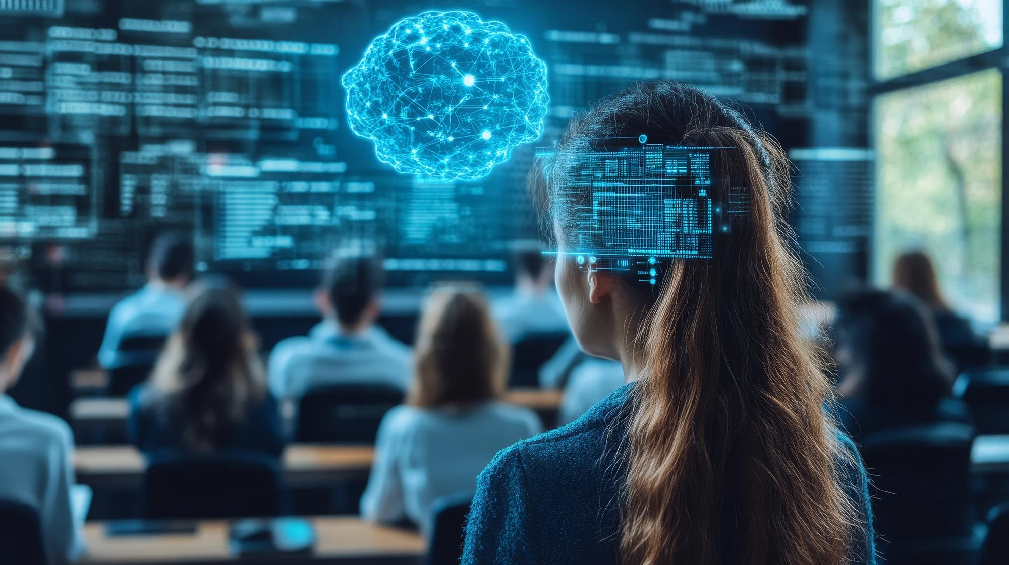 Professional in a training session with a glowing AI brain visual.