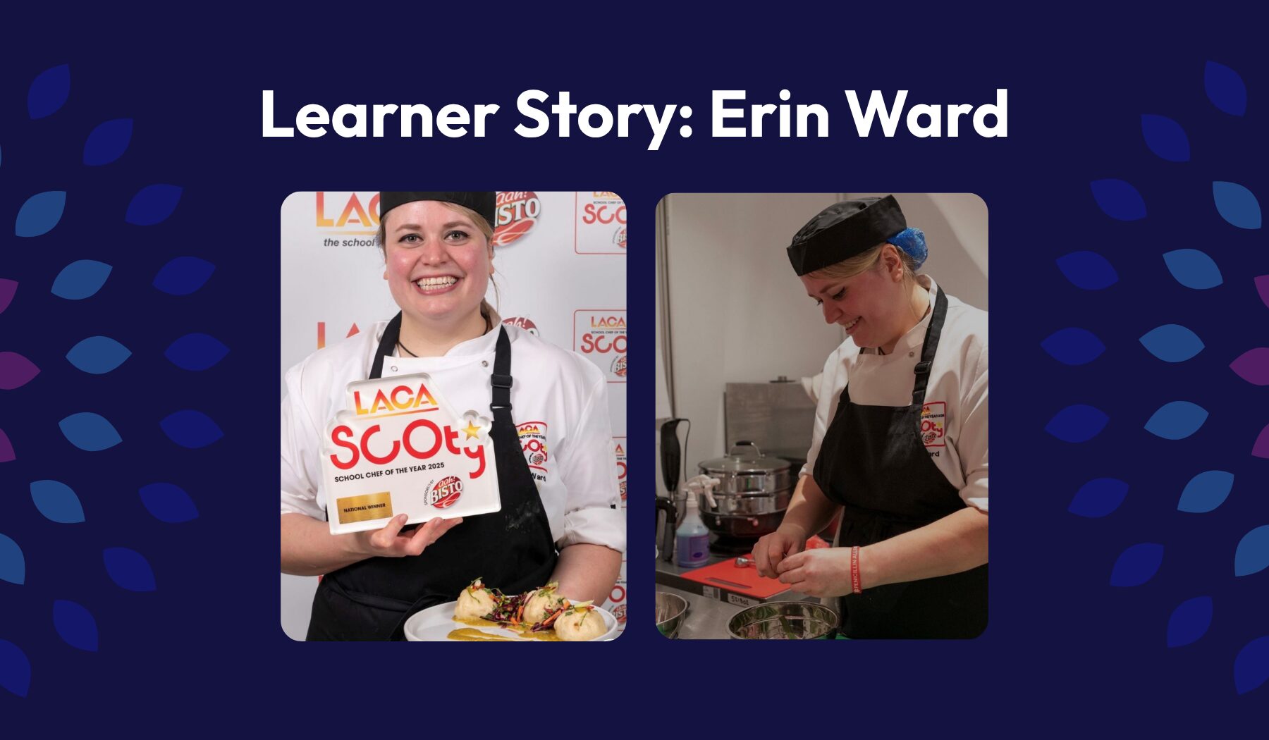 Photos of Erin Ward winning the prize and cooking in the kitchen